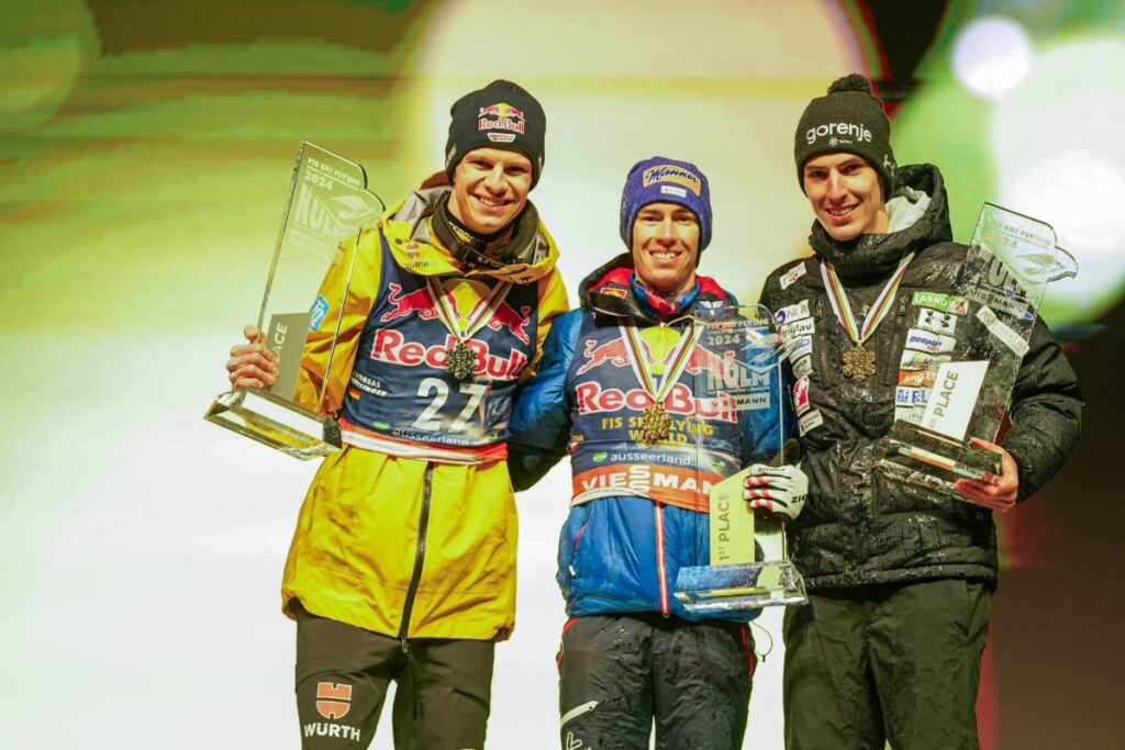 Andreas Wellinger (Deutschland), Stefan Kraft (Östereich), Timi Zajc (Slowenien) (l-r) holten sich im Einzelwettbewerb dei der Skiflug-WM die Medaillen.